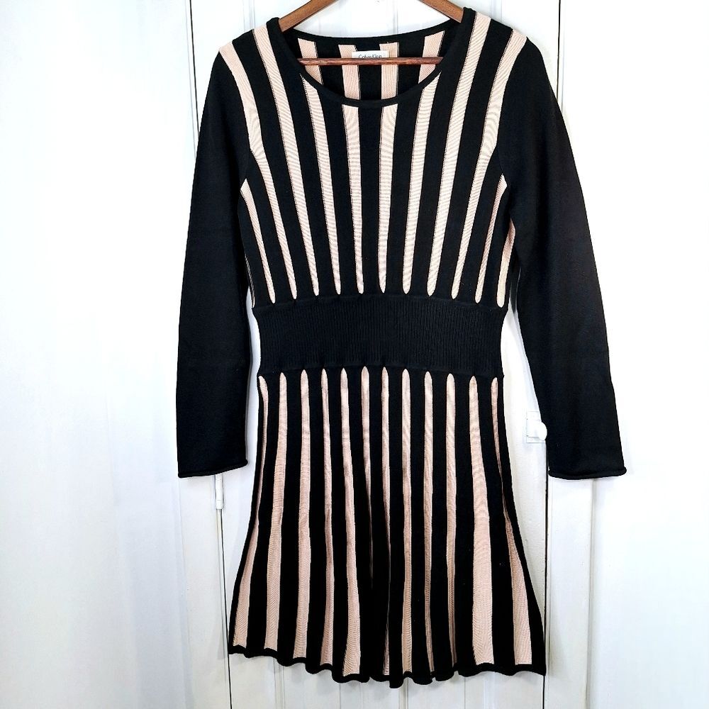 Calvin Klein Black Cream Ribbed Striped Long Sleeve Fit & Flare Knit Dress Sz L - Picture 2 of 13